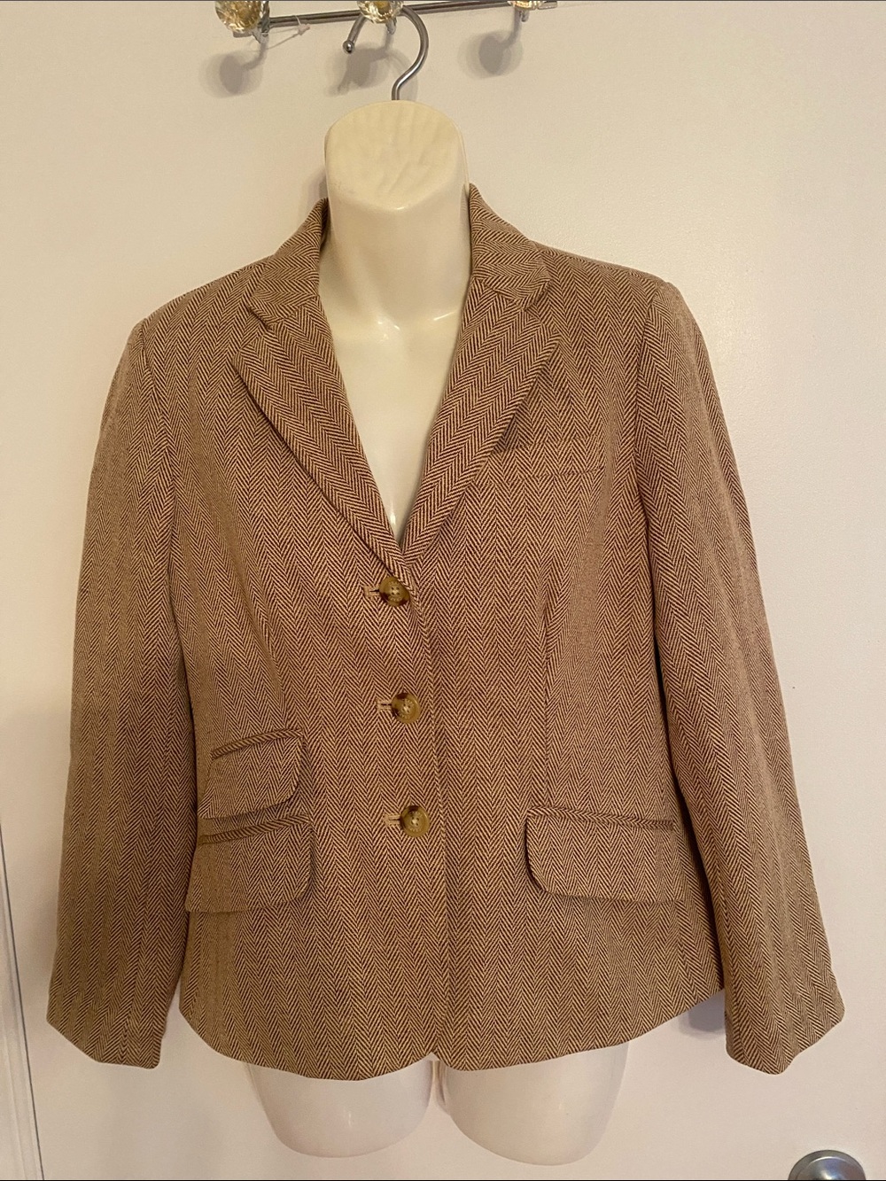Chaps Ralph Lauren Classic Tan Linen & Cotton Herringbone Blazer Jacket Size 10P